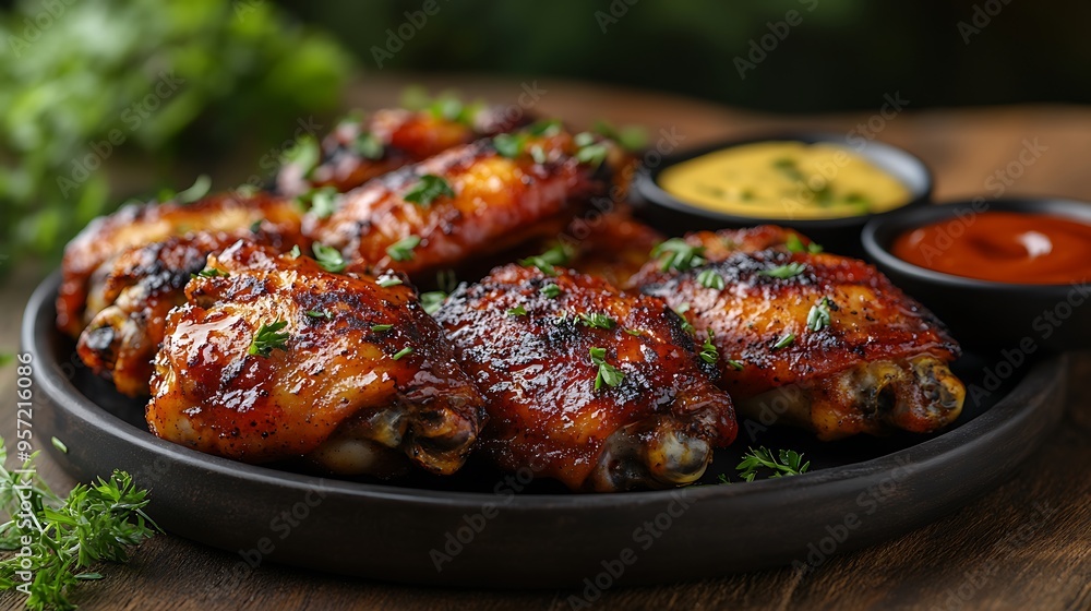 A side-angle view of a platter featuring spicy buffalo wings, BBQ wings, and honey mustard wings, placed on a rustic wooden table, with dipping sauces in small bowls, A side-angle view of a platter featuring spicy buffalo wings, BBQ wings, and honey mustard wings, placed on a rustic wooden table, with dipping sauces in small bowls,