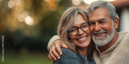 An elderly couple embracing and smiling in a picturesque garden, representing enduring love and companionship.