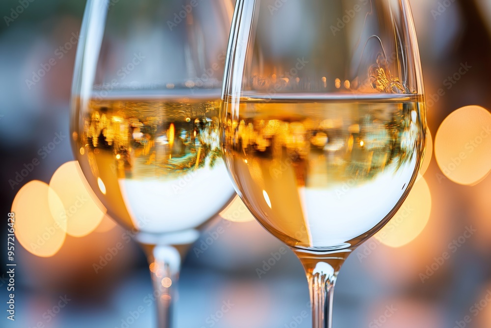 Elegant image of two glasses filled with white wine, featuring a bokeh background of glowing lights, creating a festive ambiance. Elegant image of two glasses filled with white wine, featuring a bokeh background of glowing lights, creating a festive ambiance.