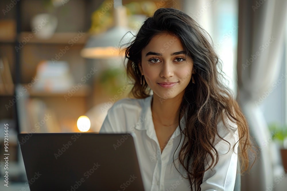 Indian businesswoman elegant and young using a laptop at her workspace Indian businesswoman elegant and young using a laptop at her workspace