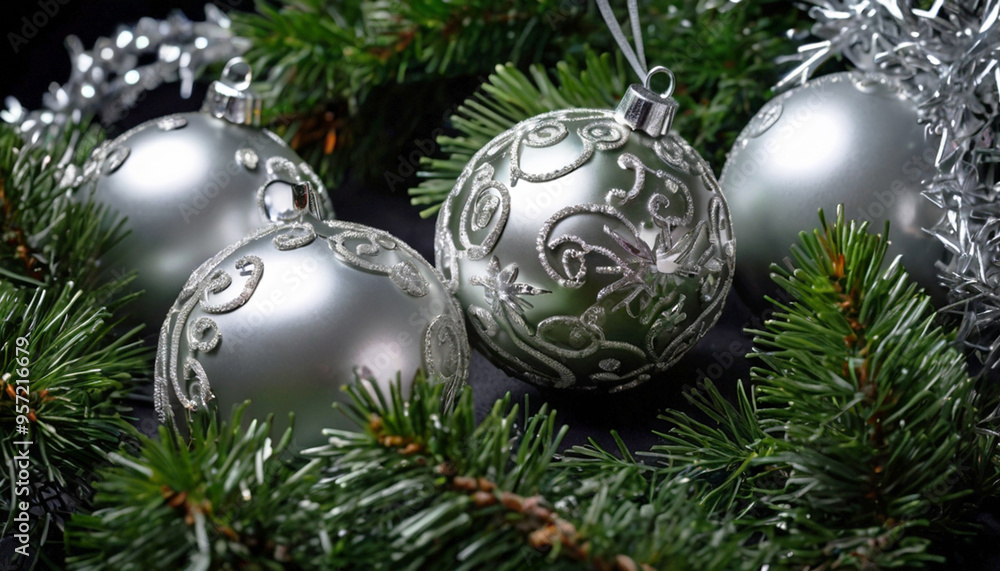 Christmas tree decorated with silver balls. Festive New Year background. Christmas tree decorated with silver balls. Festive New Year background.