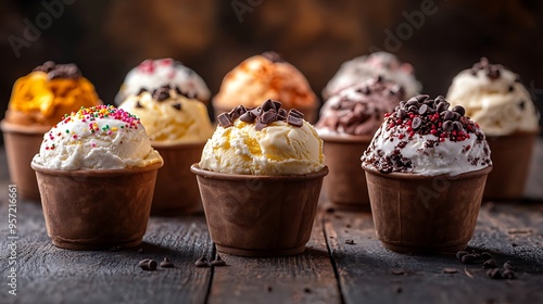 A side-angle view of an ice cream sundae bar featuring various ice cream scoops, each topped with different toppings like sprinkles, chocolate chips, and whipped cream,