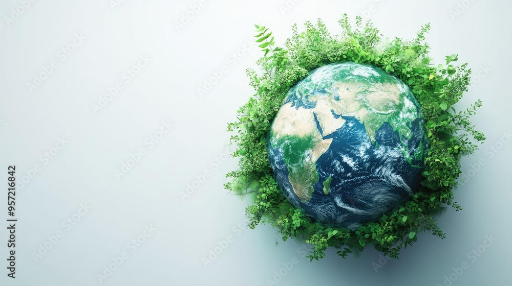 Fototapeta premium A detailed 3D rendering of Earth in green and blue, surrounded by diverse greenery, on a simple white background, ultra-clear HD quality