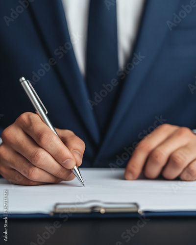 A close-up of a businessman writing in a notebook, showcasing professionalism and attention to detail in an office environment.