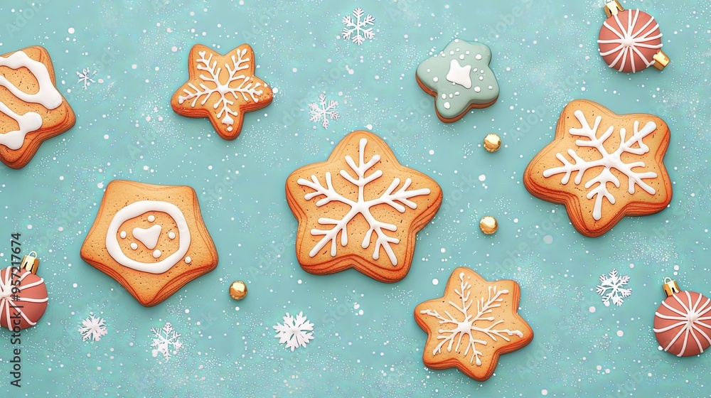 Cookies shaped like stars and snowflakes adorned with white icing, set against a light blue background with festive details, evoking the winter holiday spirit. Cookies shaped like stars and snowflakes adorned with white icing, set against a light blue background with festive details, evoking the winter holiday spirit.