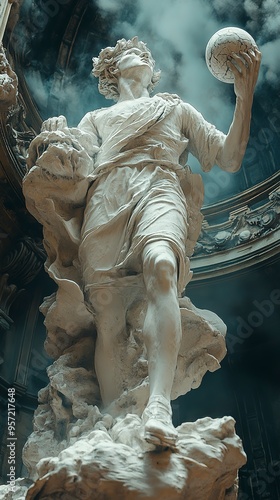 Marble Athlete: A dramatic low angle shot of an antique marble statue of an athlete, powerfully poised mid-throw, within a grand, ornate interior.