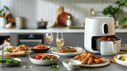 Modern Kitchen Counter with Air Fryer Preparing a Variety of Delicious Dishes