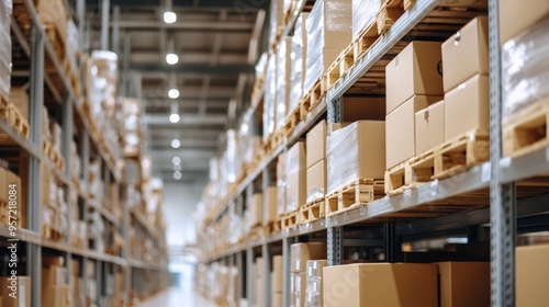 The warehouse is filled with shelves stacked high with electronic components and boxes. Overhead lighting creates a soft glow, highlighting intricate details of the items photo