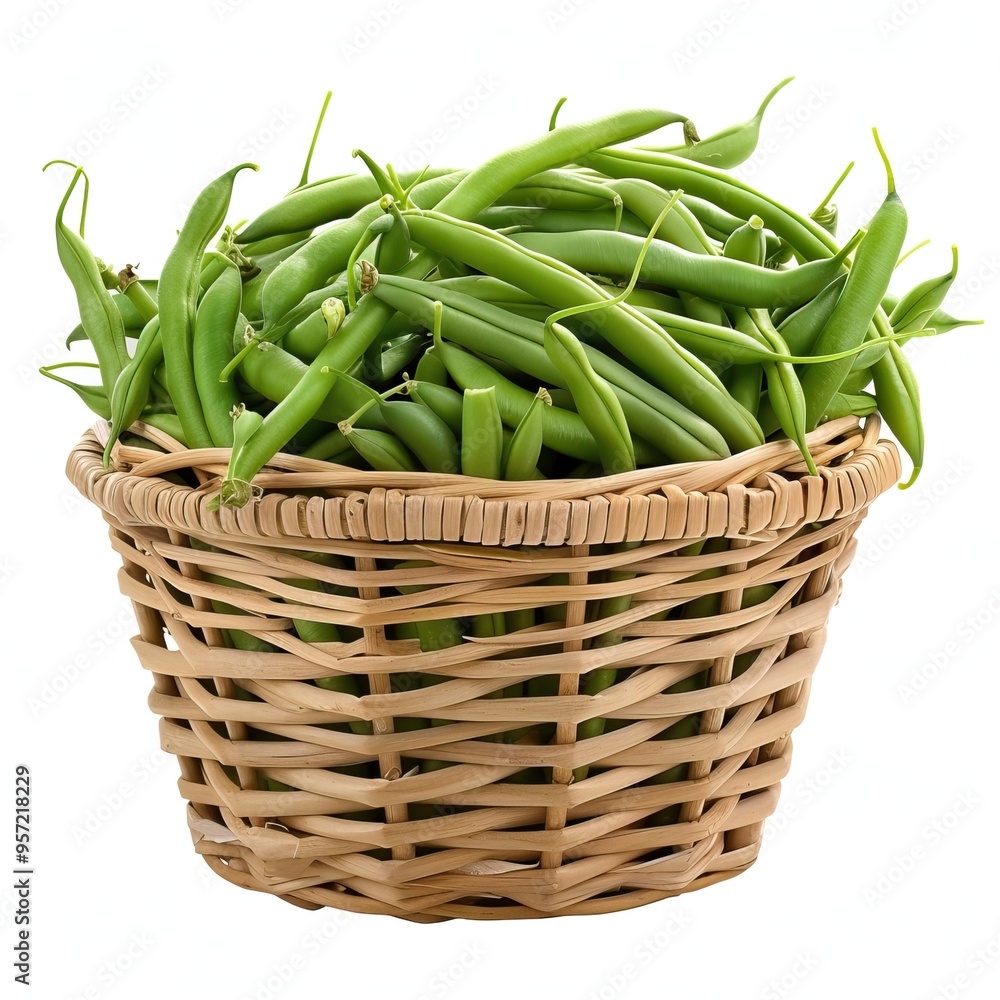 Fresh Green Beans in a Woven Basket Isolated on White Background, Organic Harvest from the Garden Fresh Green Beans in a Woven Basket Isolated on White Background, Organic Harvest from the Garden