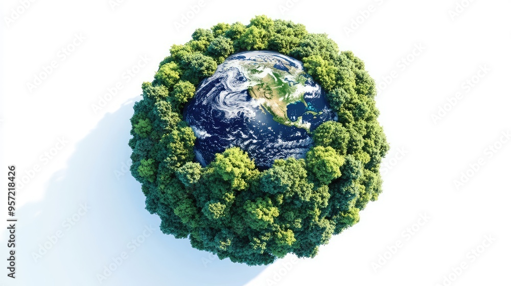 A hyper-realistic Earth in green and blue, surrounded by lush, diverse trees, set against a clean white background, emphasizing nature's beauty in HD A hyper-realistic Earth in green and blue, surrounded by lush, diverse trees, set against a clean white background, emphasizing nature's beauty in HD