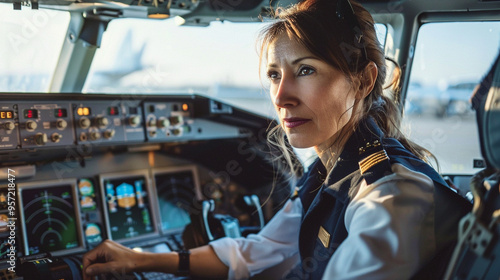 Female pilot in a cockpit - A confident woman pilot sitting in the cockpit of an airplane, wearing her uniform and checking instruments, exuding professionalism and calm authority. photo