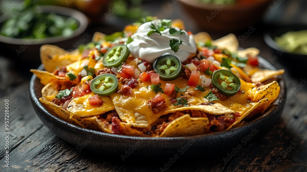 A top-down perspective of loaded nachos topped with melted cheese, jalapenos, sour cream, and guacamole, served on a rustic wooden table, with soft sunlight casting gentle shadows, A top-down perspective of loaded nachos topped with melted cheese, jalapenos, sour cream, and guacamole, served on a rustic wooden table, with soft sunlight casting gentle shadows,
