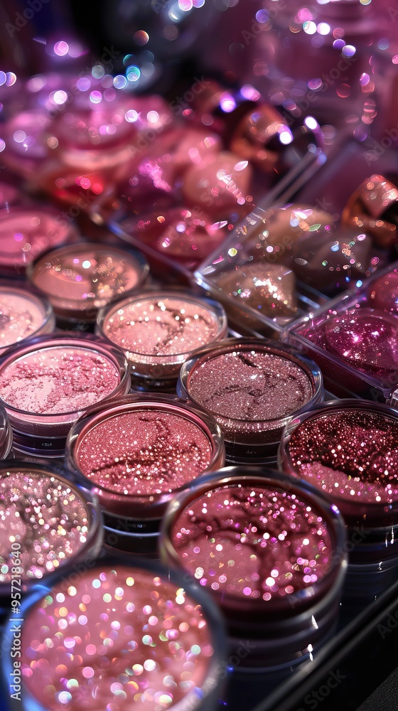 Assorted Sparkling Pink and Rose Gold Glitter Eyeshadows in Small Containers for Makeup and Beauty Assorted Sparkling Pink and Rose Gold Glitter Eyeshadows in Small Containers for Makeup and Beauty
