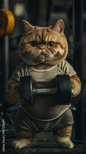 Mighty Cat Weightlifter: A strong and determined cat intensely focused on lifting weights in a gym setting.  The image is humorous, yet powerful, showcasing feline strength and determination.  photo