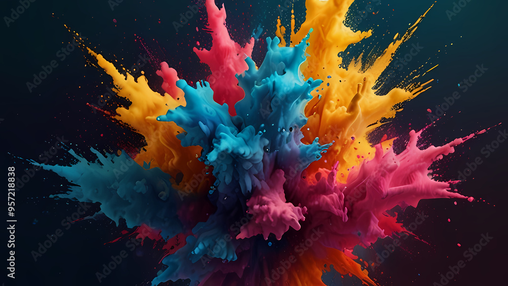 abstract background with an explosion of vibrant color powder. The illustration should capture the dynamic energy of colors like bright blues, pinks, and yellows, with swirling and splattering effects abstract background with an explosion of vibrant color powder. The illustration should capture the dynamic energy of colors like bright blues, pinks, and yellows, with swirling and splattering effects