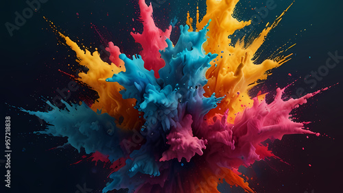 abstract background with an explosion of vibrant color powder. The illustration should capture the dynamic energy of colors like bright blues, pinks, and yellows, with swirling and splattering effects