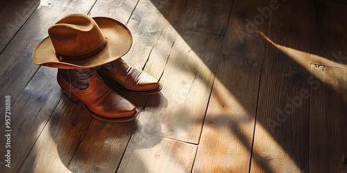 Cowboy boots and hat on wooden background photo