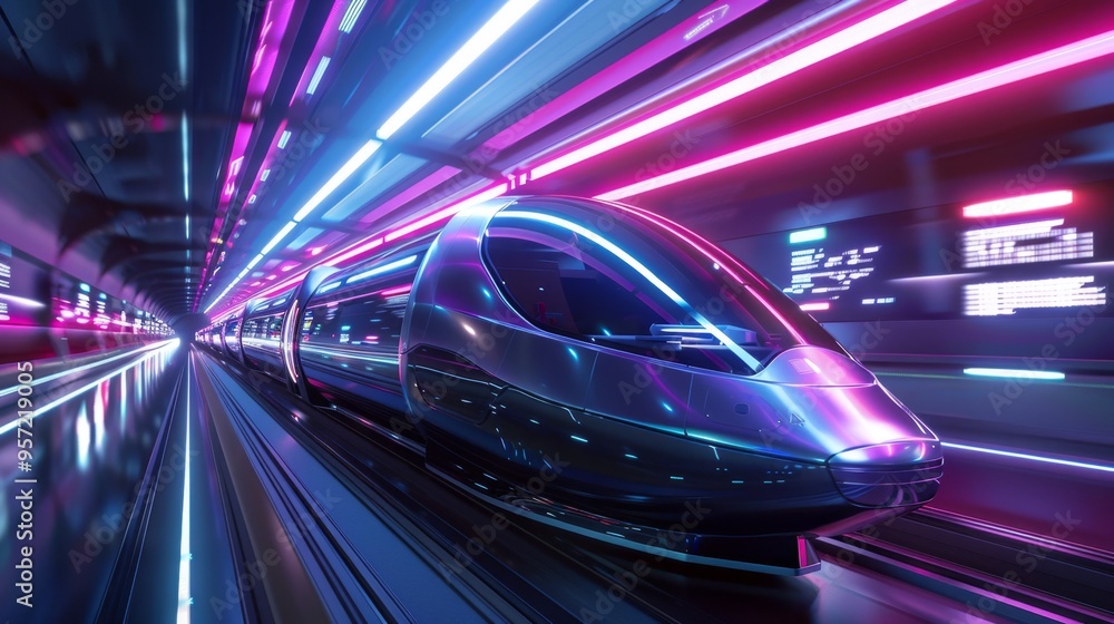 Futuristic Hyperloop Capsule Racing Through Neon Tunnel Futuristic Hyperloop Capsule Racing Through Neon Tunnel