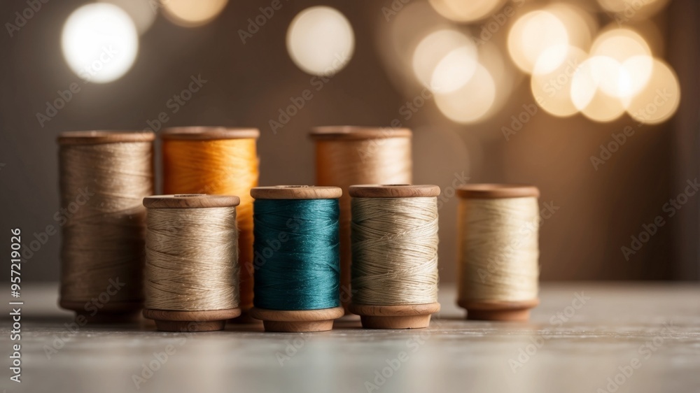 Beige thread spools on table with blurred background empty space. Beige thread spools on table with blurred background empty space.