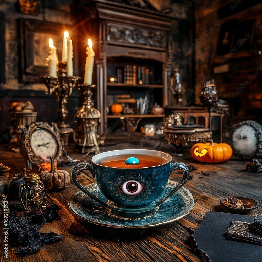 A mystical tea cup with an eye, surrounded by candles and decorative items in a vintage, enchanting setting. A mystical tea cup with an eye, surrounded by candles and decorative items in a vintage, enchanting setting.