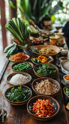 A Culinary Journey:  A vibrant spread of fresh ingredients awaits on a rustic wooden table, inviting viewers to embark on a culinary adventure, exploring the flavors of a diverse and exotic cuisine. 
