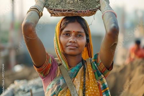 Indian female laborer handling sand on her head while working at a construction site