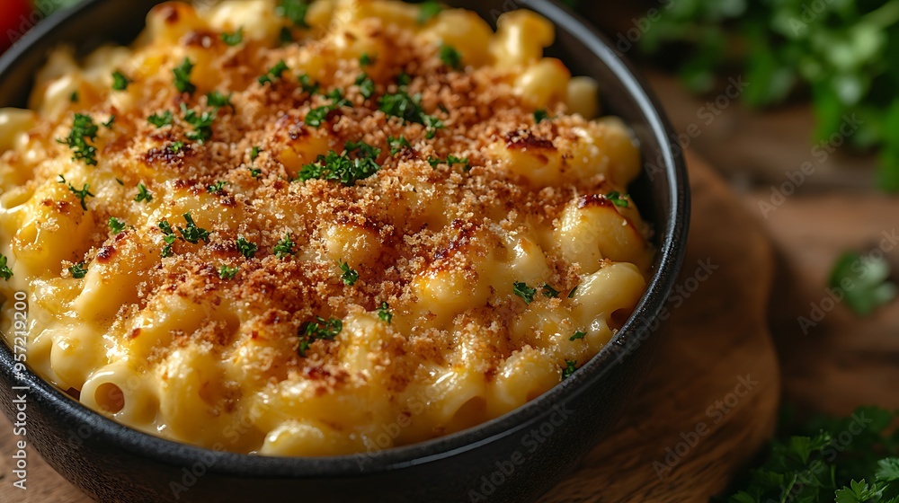 A top-down shot of a creamy bowl of mac and cheese with breadcrumbs, served on a wooden table, with soft natural light casting gentle shadows, capturing the inviting and comforting look of the dish, A top-down shot of a creamy bowl of mac and cheese with breadcrumbs, served on a wooden table, with soft natural light casting gentle shadows, capturing the inviting and comforting look of the dish,