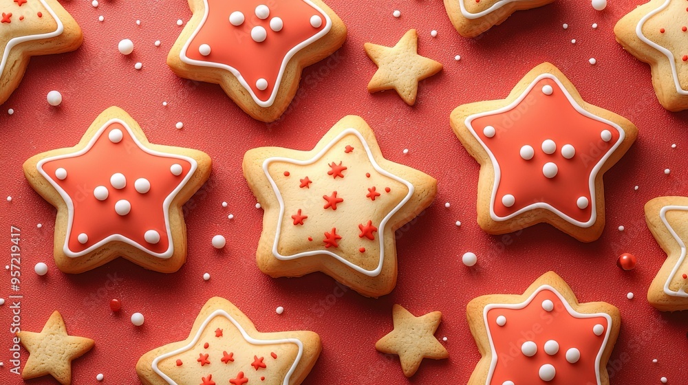 This image features star-shaped cookies decorated with red and white icing and sprinkles, set against a backdrop of festive elements that enhance the holiday spirit. This image features star-shaped cookies decorated with red and white icing and sprinkles, set against a backdrop of festive elements that enhance the holiday spirit.