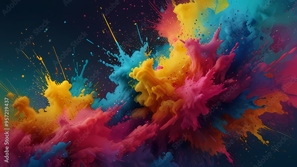 abstract background with an explosion of vibrant color powder. The illustration should capture the dynamic energy of colors like bright blues, pinks, and yellows, with swirling and splattering effects abstract background with an explosion of vibrant color powder. The illustration should capture the dynamic energy of colors like bright blues, pinks, and yellows, with swirling and splattering effects