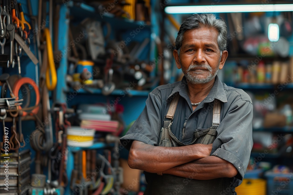 Indian hardware store seller demonstrating various items Indian hardware store seller demonstrating various items