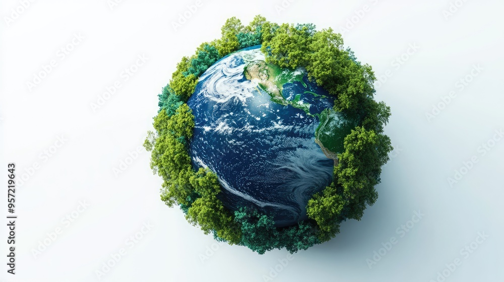 Fototapeta premium A lifelike 3D Earth with lush green and blue tones, surrounded by trees, set against a clean white background, capturing the natural beauty