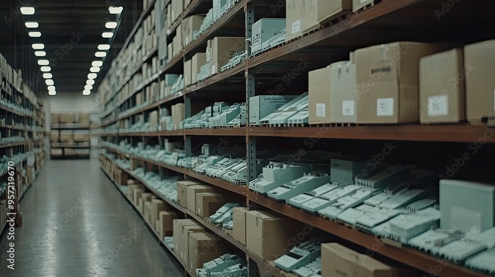 The warehouse is filled with shelves stacked high with electronic components and boxes. Overhead lighting creates a soft glow, highlighting intricate details of the items The warehouse is filled with shelves stacked high with electronic components and boxes. Overhead lighting creates a soft glow, highlighting intricate details of the items