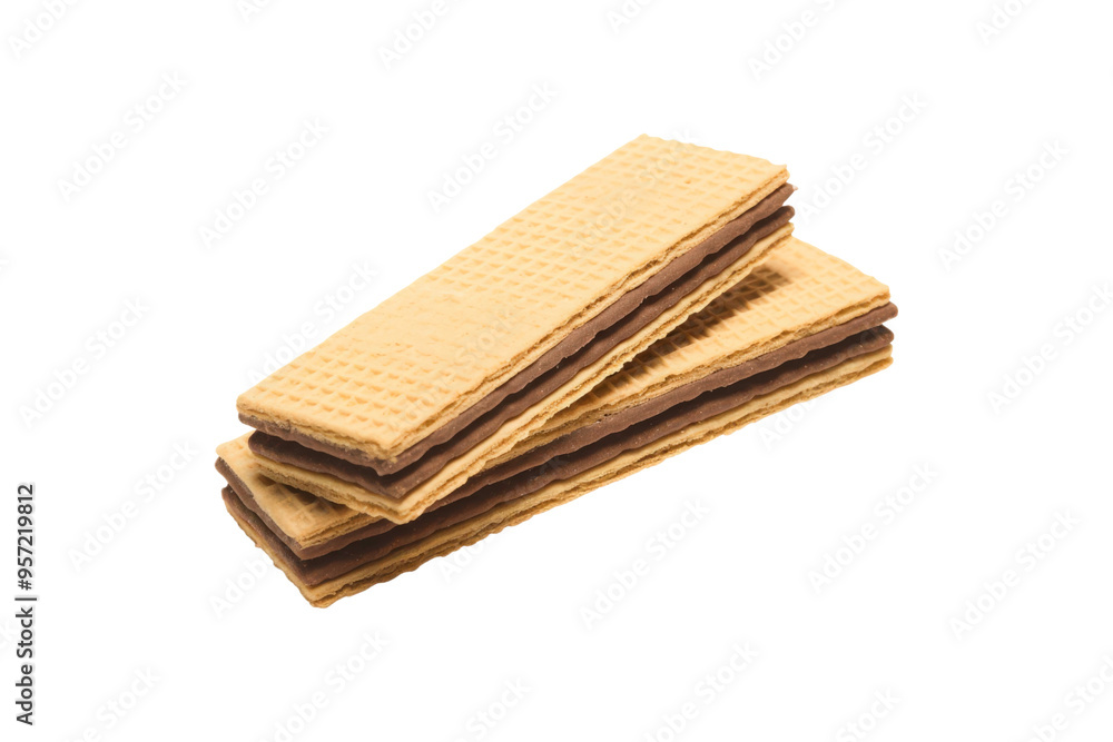 Two chocolate filled wafer cookies were stacked together. Great for food blogs, dessert recipes, or packaging design for sweets and snacks Two chocolate filled wafer cookies were stacked together. Great for food blogs, dessert recipes, or packaging design for sweets and snacks
