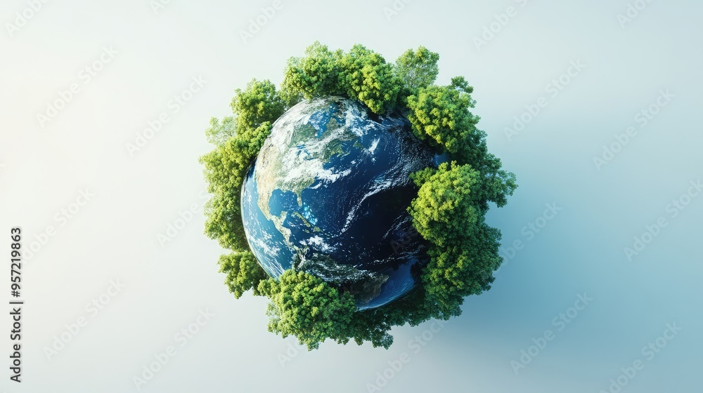 A lifelike 3D Earth with lush green and blue tones, surrounded by trees, set against a clean white background, capturing the natural beauty A lifelike 3D Earth with lush green and blue tones, surrounded by trees, set against a clean white background, capturing the natural beauty