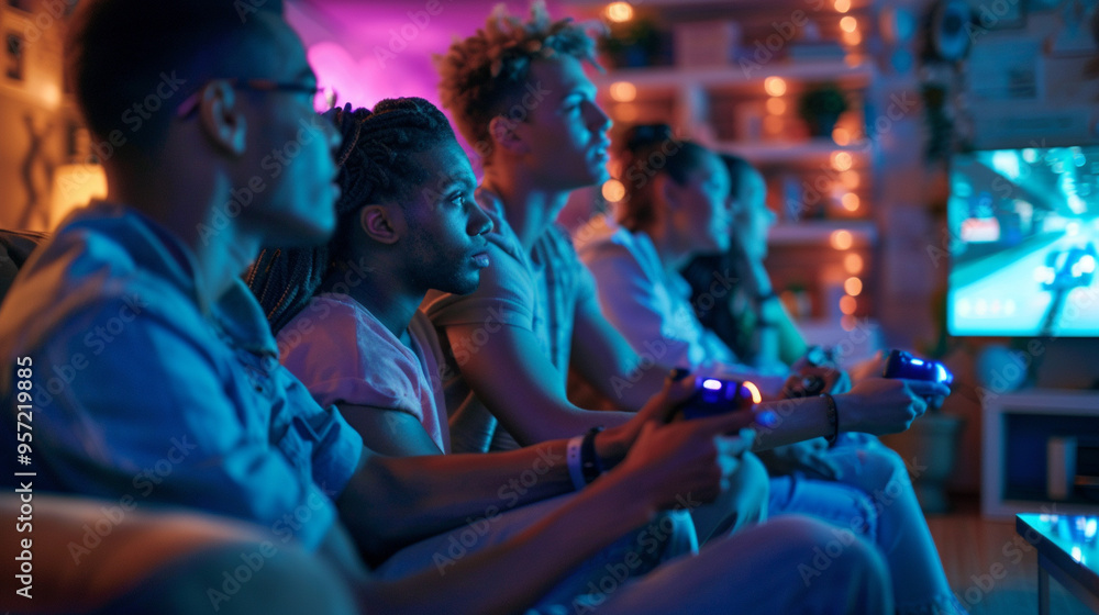 Gen Z playing video games together - A group of friends sitting on a couch in a living room, intensely focused on a video game, with controllers in hand, snacks on the table, and a large TV screen. Gen Z playing video games together - A group of friends sitting on a couch in a living room, intensely focused on a video game, with controllers in hand, snacks on the table, and a large TV screen.