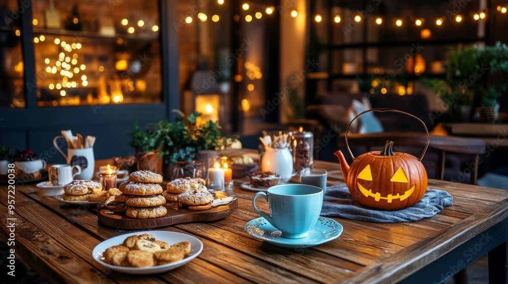 Fototapeta premium Cozy Halloween table setting with cookies, pumpkin, and warm lights creating a festive and inviting atmosphere.