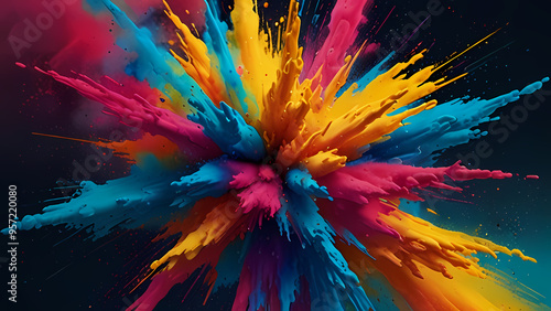 abstract background with an explosion of vibrant color powder. The illustration should capture the dynamic energy of colors like bright blues, pinks, and yellows, with swirling and splattering effects