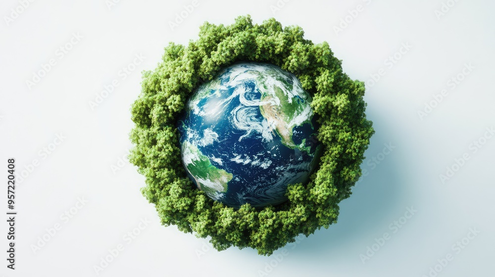 A lifelike 3D globe in green and blue, surrounded by a ring of trees, on a simple white background, capturing the Earth's natural beauty. A lifelike 3D globe in green and blue, surrounded by a ring of trees, on a simple white background, capturing the Earth's natural beauty.