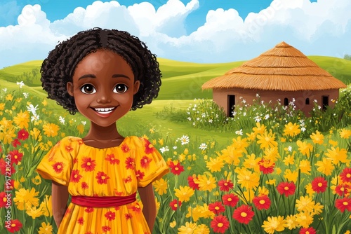 Illustration of happy ethiopian girl in yellow dress standing against green landscape with yellow and red flowers and traditional ethiopian house. Concept Ethiopian New Year, traditions 