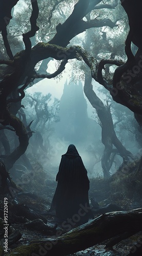 Enigmatic Journey: A hooded figure ventures into a mystical forest, the ancient trees forming a shadowy path towards a distant, veiled castle. The air hangs heavy with mystery and anticipation.