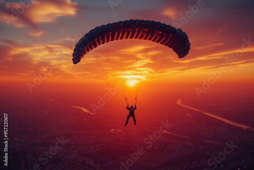 Paraglider floats gracefully against stunningly vibrant sunset, creating silhouette in colorful evening sky, skydiver embodying thrill of defying gravity amidst natural beauty photo