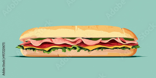 Sub sandwich with visible layers of meat and cheese, lying flat on a plain surface photo