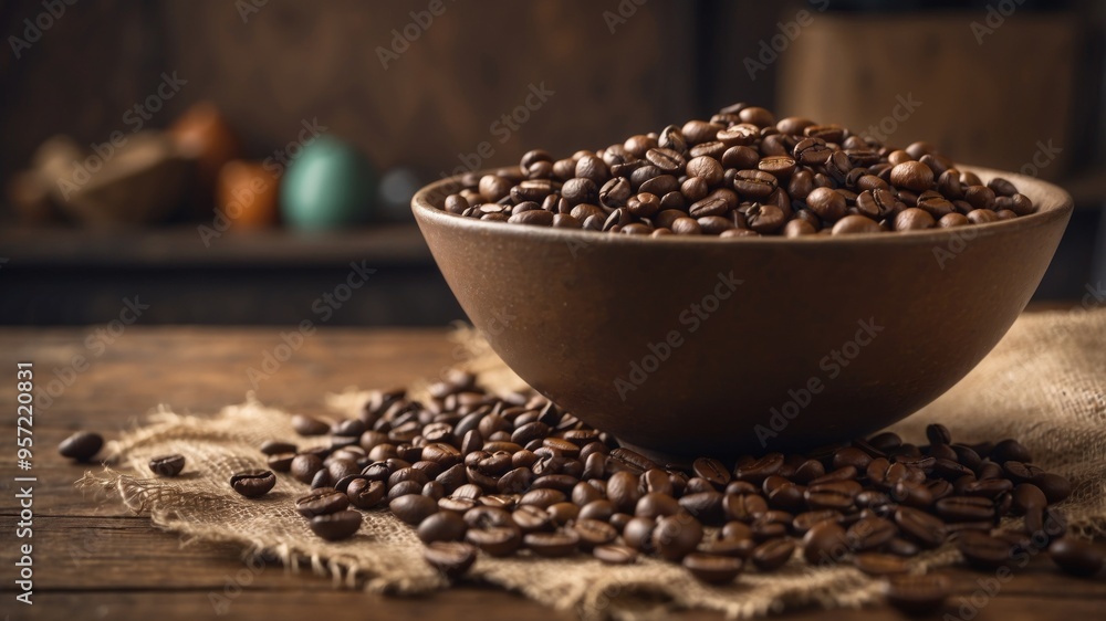 Bowl of coffee beans on rustic table with burlap sacks. Bowl of coffee beans on rustic table with burlap sacks.