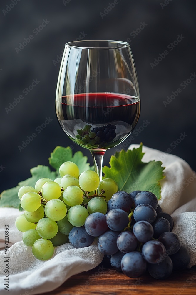 Red Wine and Grapes Still Life: A glass of ruby red wine rests beside a cluster of green and purple grapes on a rustic wooden table, exuding an air of sophistication and indulgence. Red Wine and Grapes Still Life: A glass of ruby red wine rests beside a cluster of green and purple grapes on a rustic wooden table, exuding an air of sophistication and indulgence.
