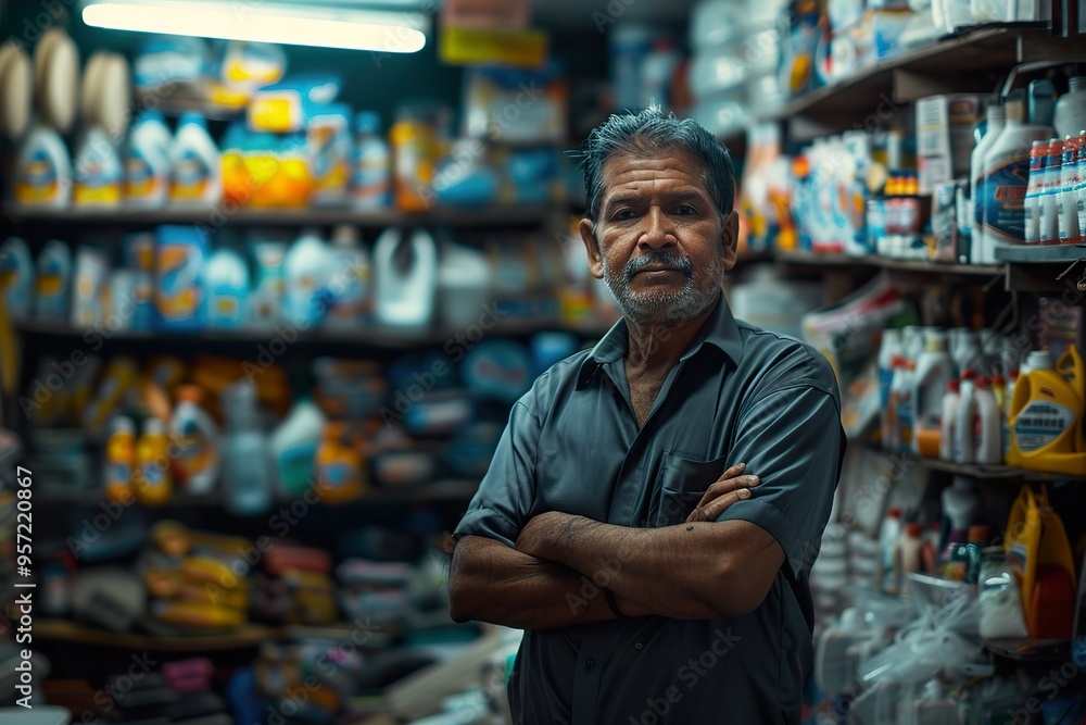 Indian salesman showcasing items in a hardware store Indian salesman showcasing items in a hardware store
