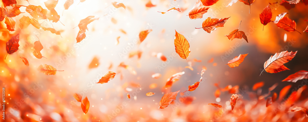 Panoramic background with falling autumnal leaves. Autumn and thanksgiving concept. Panoramic background with falling autumnal leaves. Autumn and thanksgiving concept.