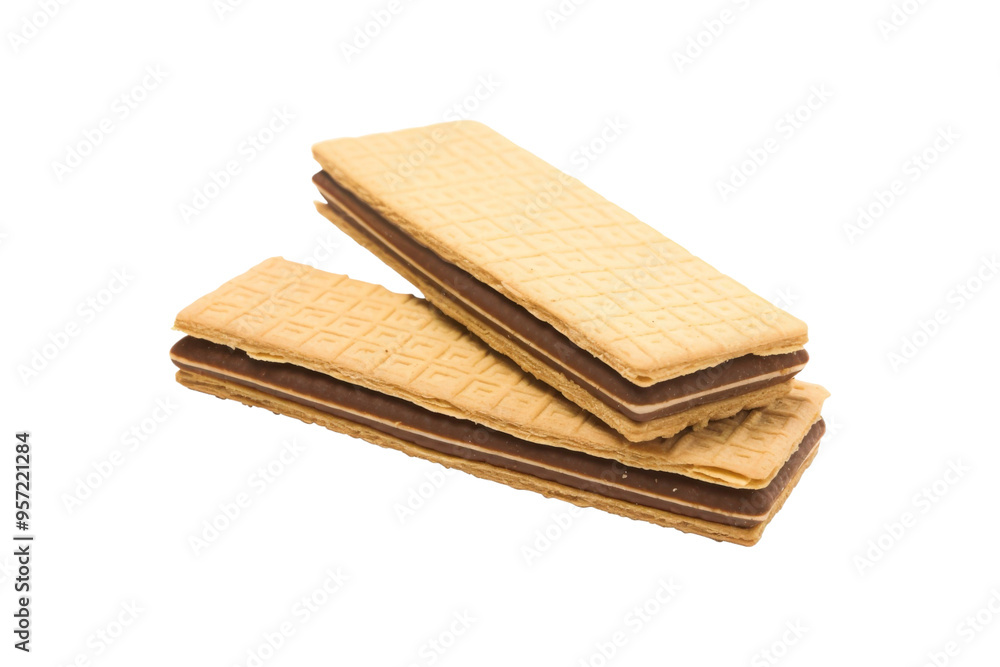 Two chocolate filled wafer cookies were stacked together. Great for food blogs, dessert recipes, or packaging design for sweets and snacks Two chocolate filled wafer cookies were stacked together. Great for food blogs, dessert recipes, or packaging design for sweets and snacks