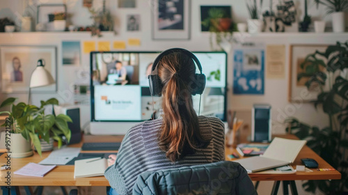 Video conference call in progress - A businesswoman sitting at her desk, wearing headphones and speaking to a group of people on her computer screen, with notes and documents around her.