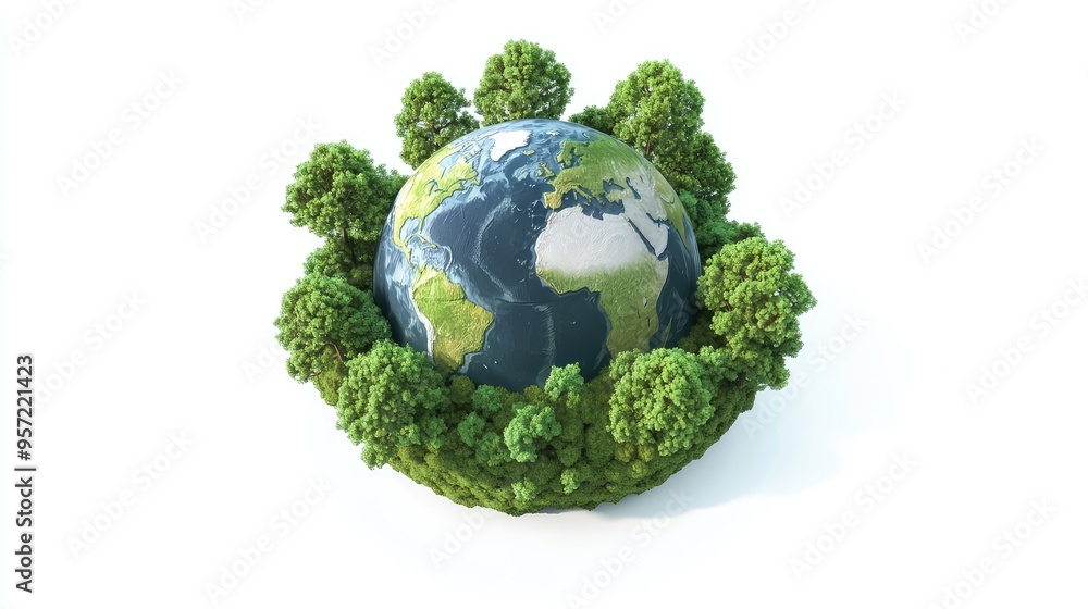 A lush 3D globe with vibrant green continents, surrounded by various trees, set against a simple white background A lush 3D globe with vibrant green continents, surrounded by various trees, set against a simple white background