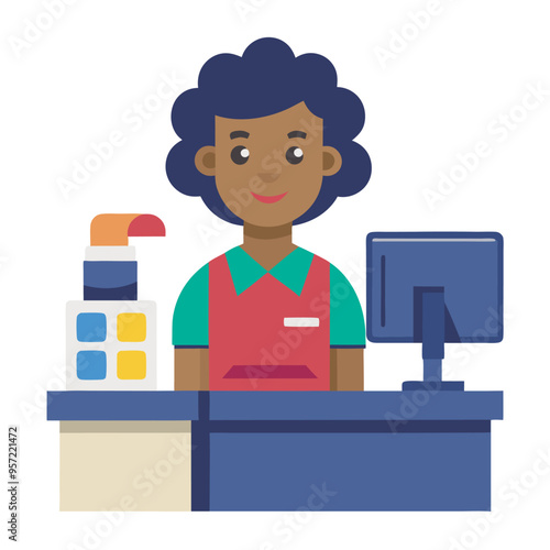 African american female cashier at the cash register Flat vector illustration.eps